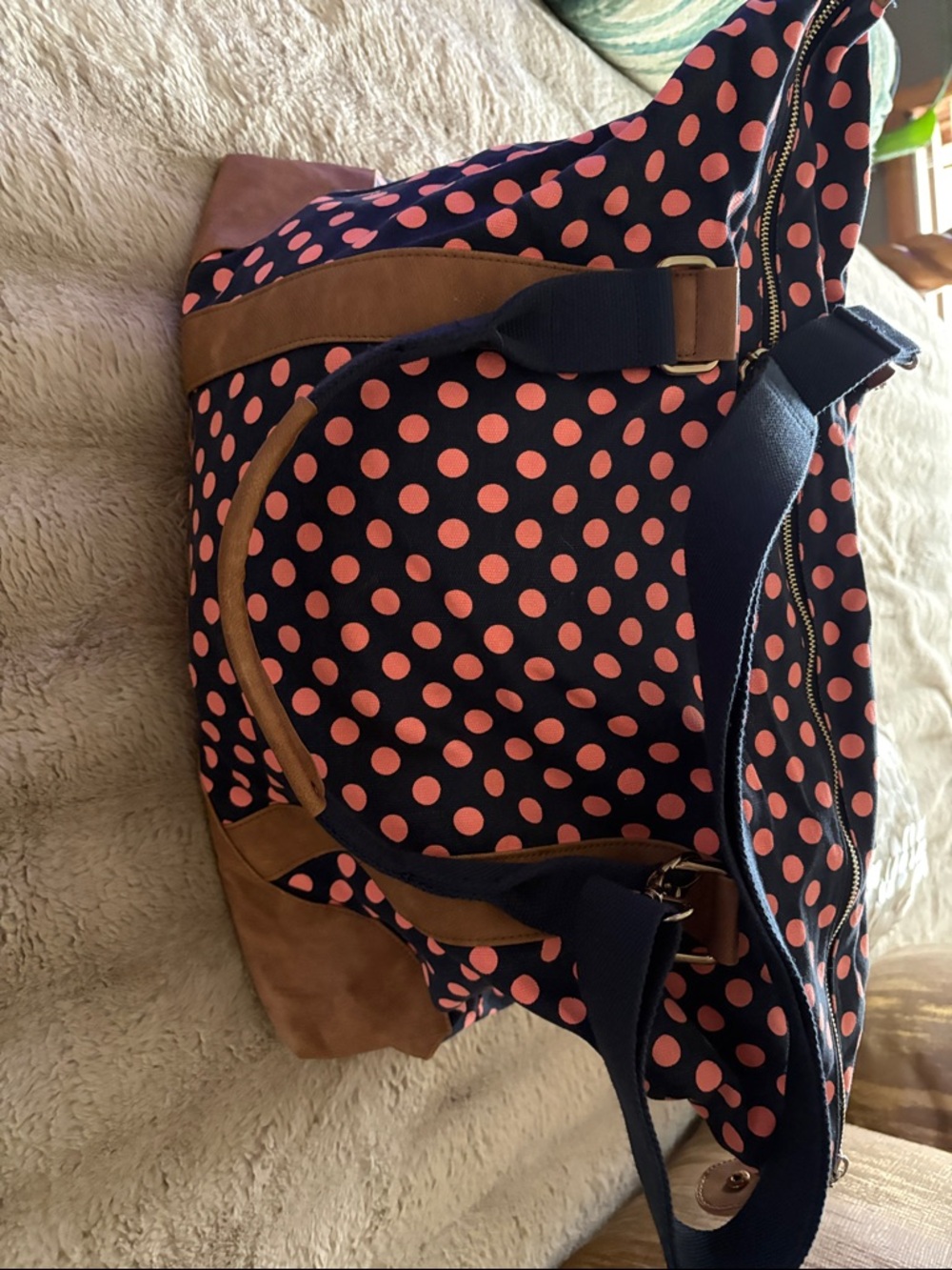 Merona Navy Tote with Pink Polka Dots and Tan Accents